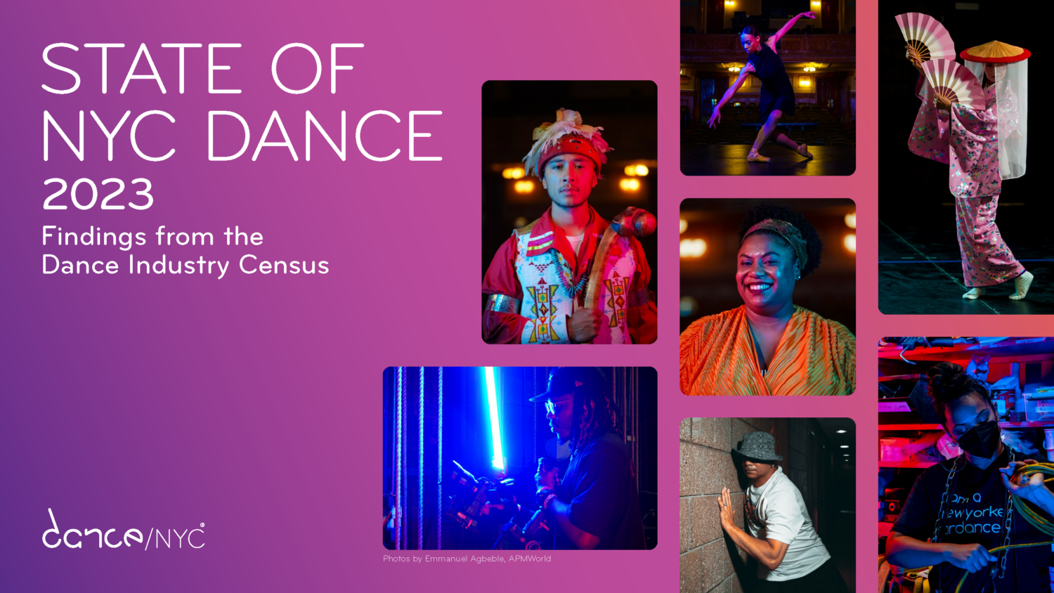 Gradient background with a collage of 7 images depicting dancers performing
